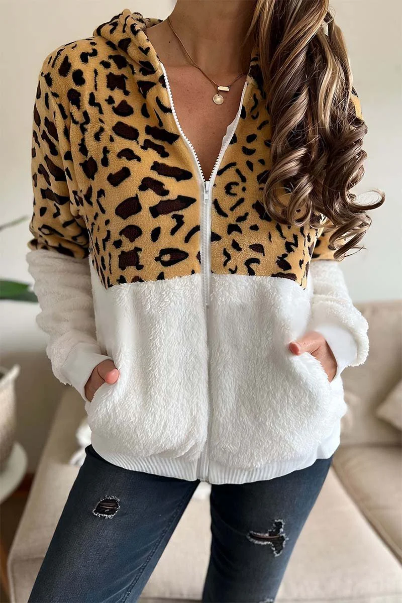 Women's Leopard Patchwork Plush Zip Jacket